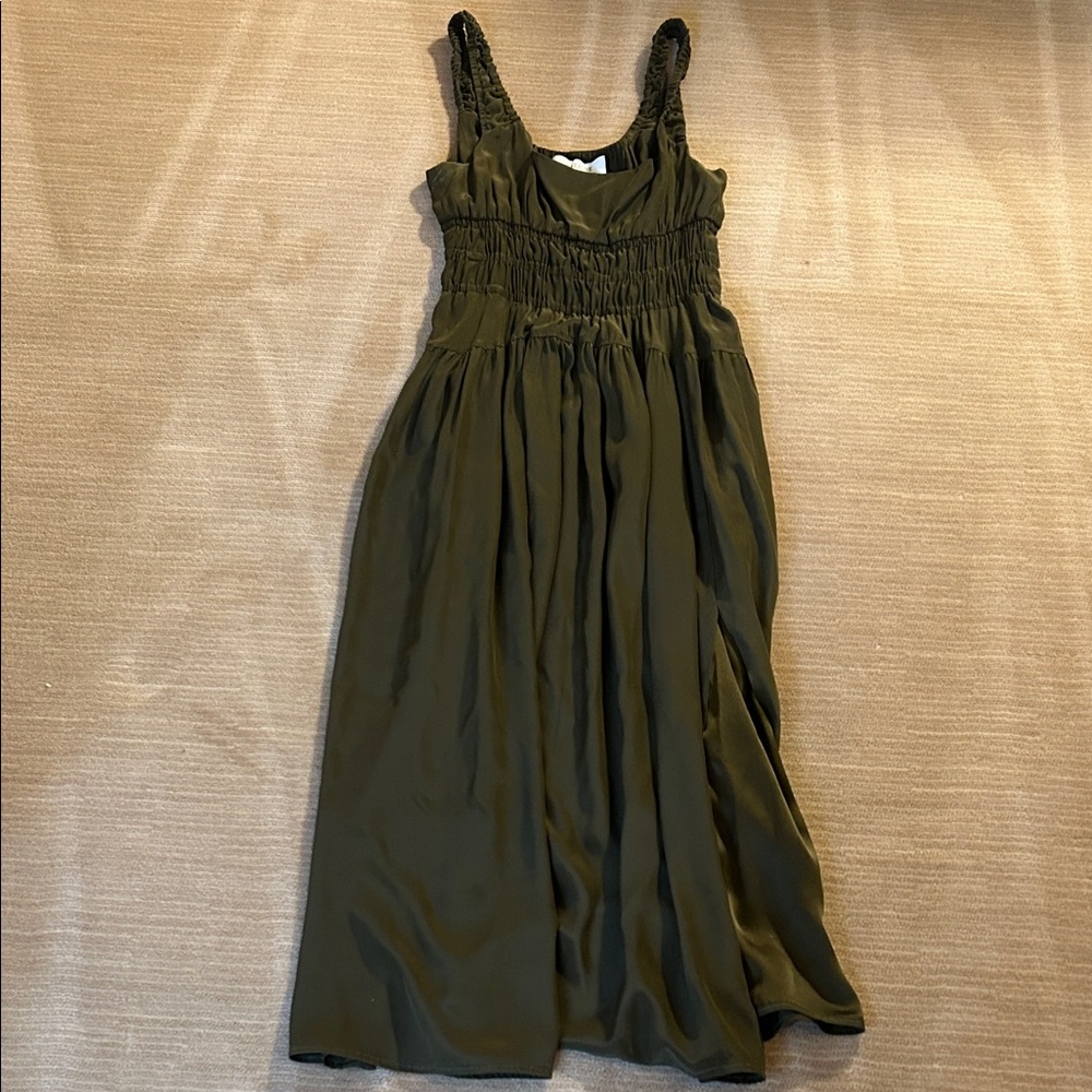 La Ligne Olive Green Smocked Maxi Dress